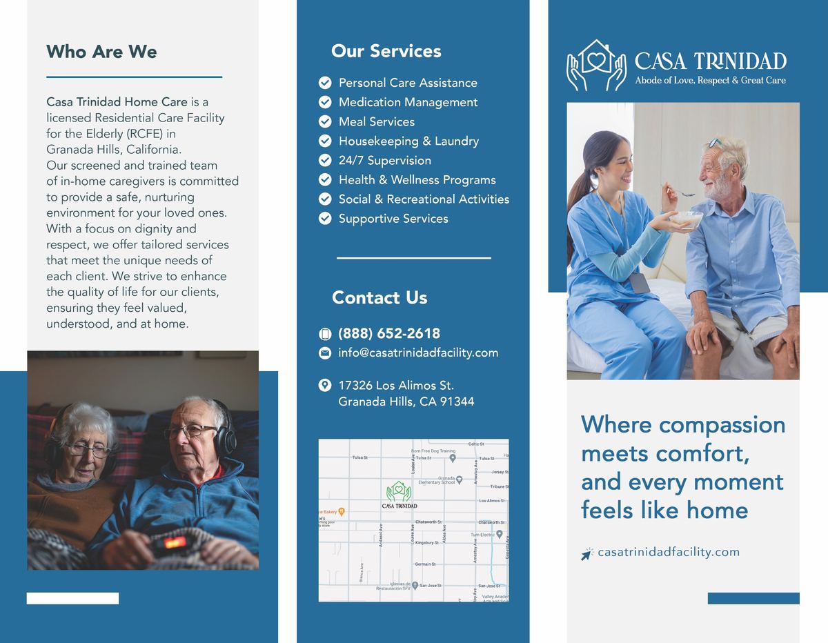 Tri-fold brochure — outside panels with services, contact, map, and brand imagery