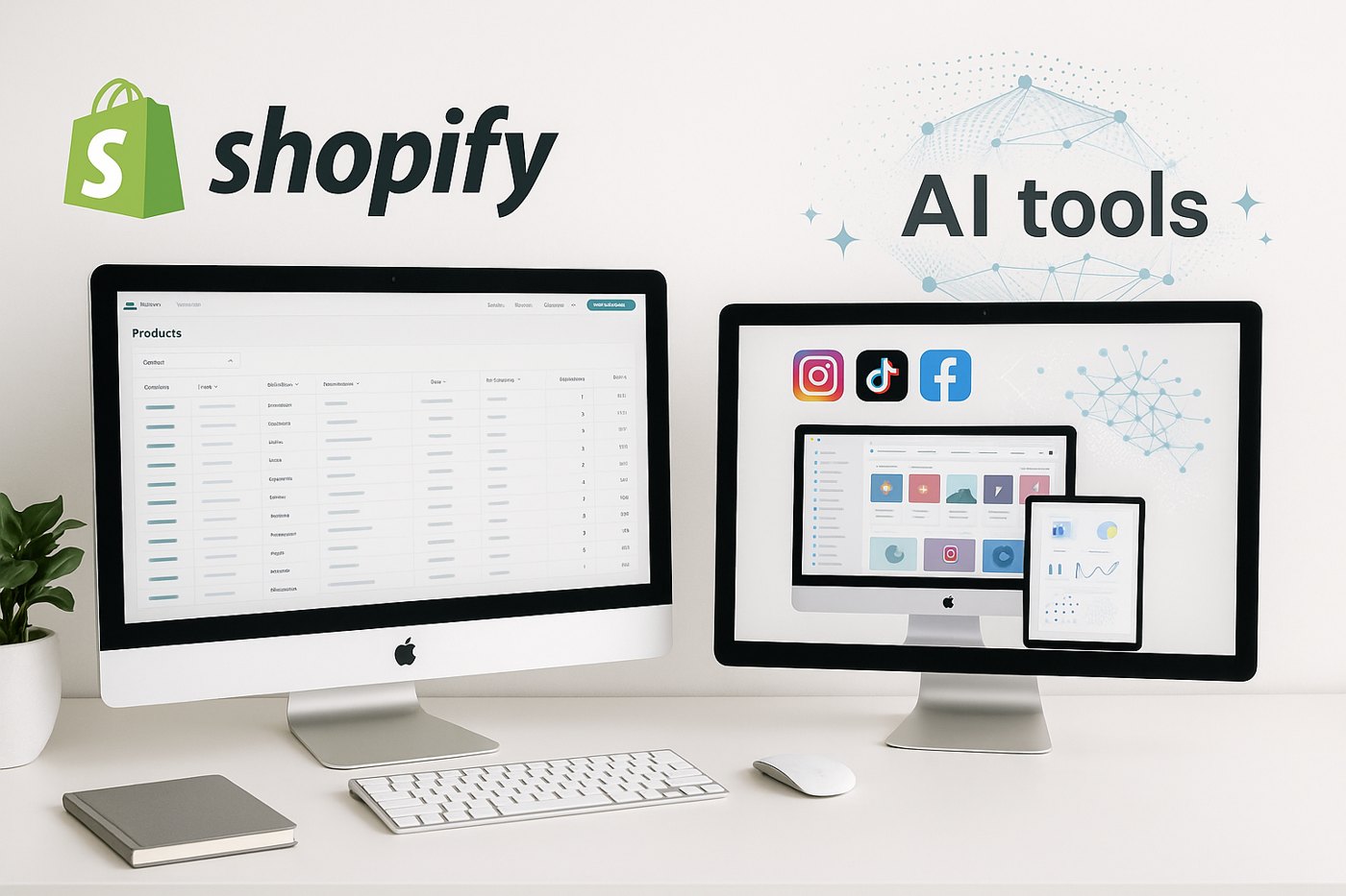 E-commerce workspace: two iMacs showing Shopify product spreadsheet and social dashboards (Instagram, TikTok, Facebook, Pinterest) with AI tools