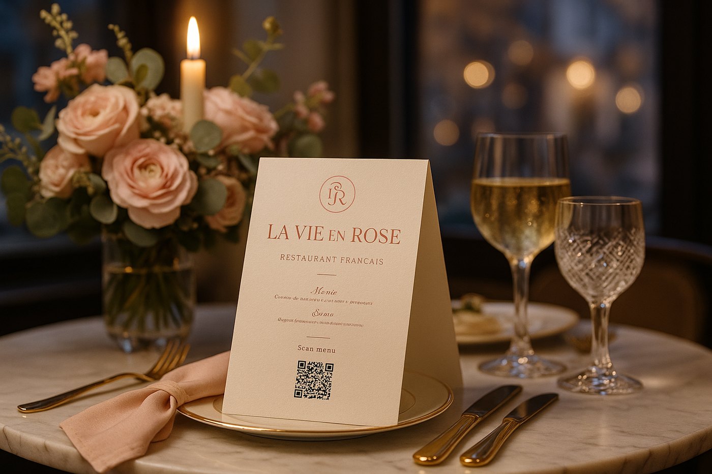 La Vie en Rose — elegant French restaurant table setting with floral decor, branded place card menu, and QR code