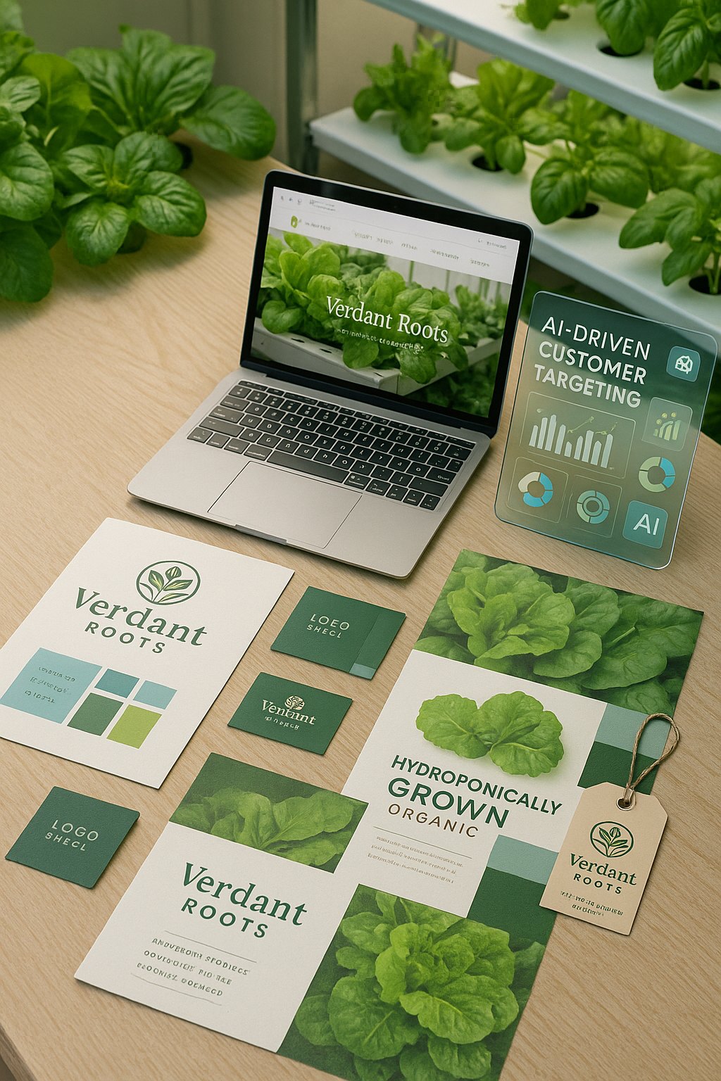 Hydroponic small business brand kit: logo, brochure, website concept and AI-driven customer targeting