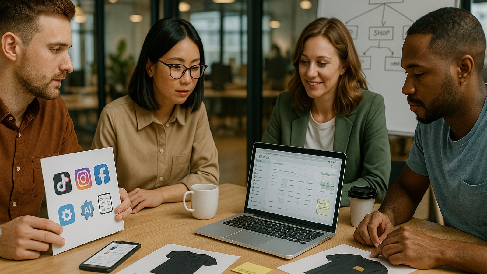 Client, project manager, creative director, and graphic designer in a WeWork-style office discussing a social campaign and website revamp for a shirt apparel business